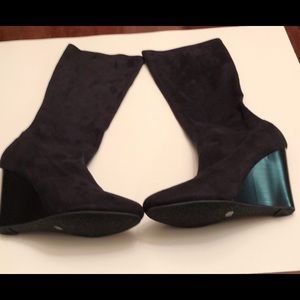 Fitted Black Suede Boots With Wedge Heel